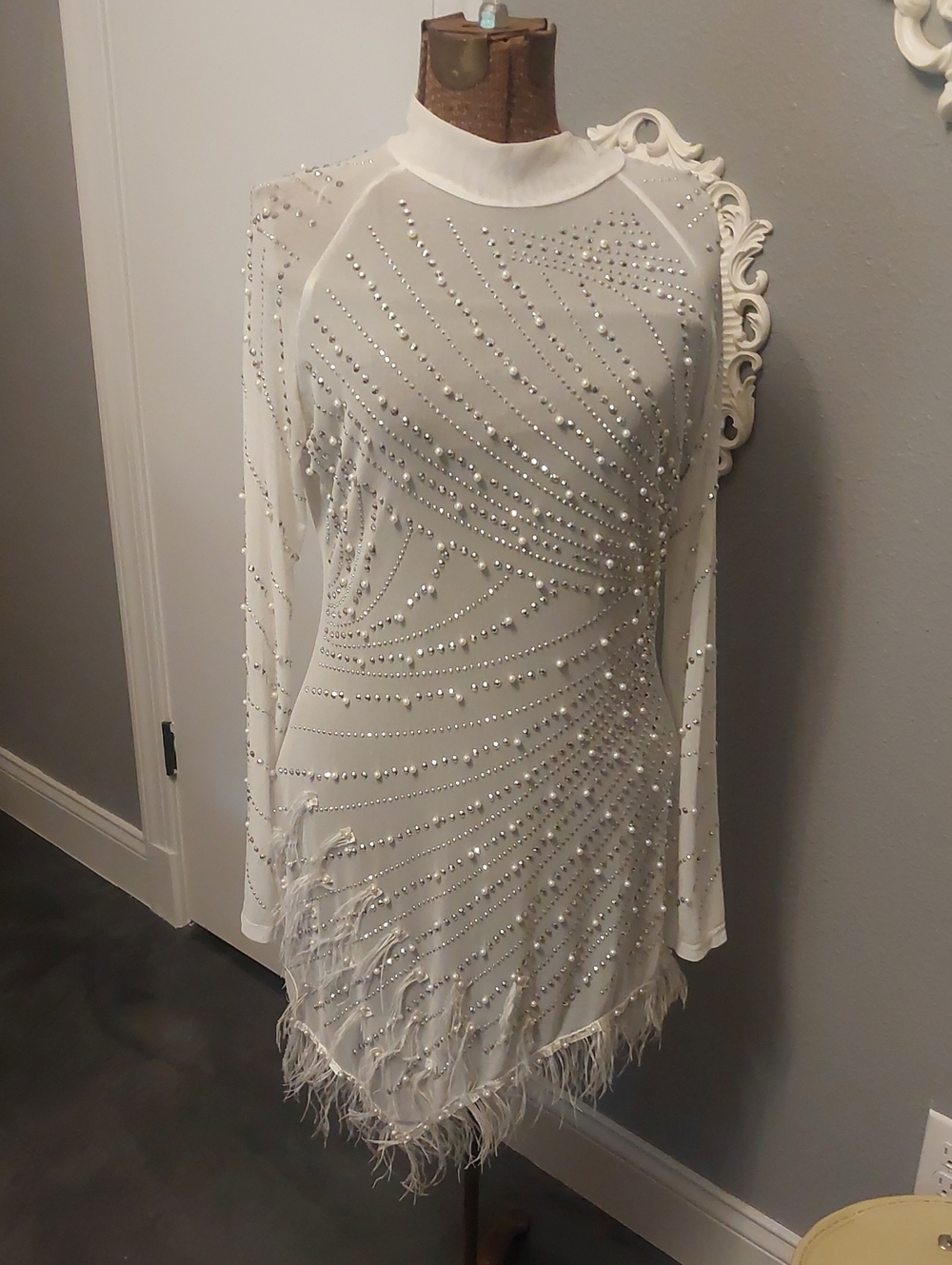 Sheer White Long-Sleeve Beaded Dress with Feather Trim
